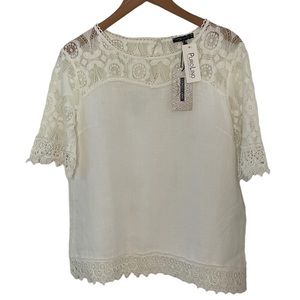 NWT PuroLino White Lace Embroidered Linen Top Small